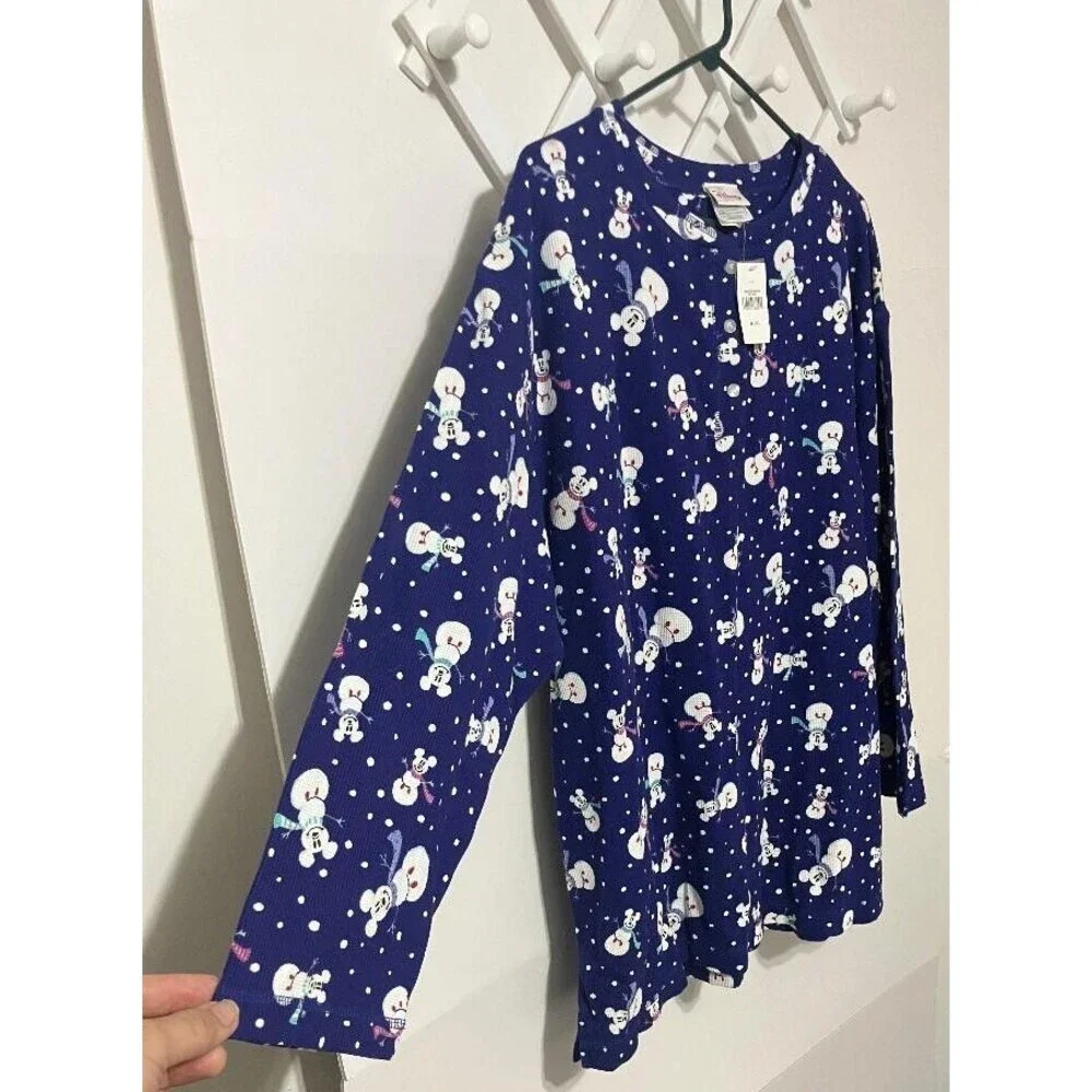 Disney Store Women’s  L/XL Blue Thermal Mickey Mouse Snowman Pajama Top Only NWT - Picture 2 of 6